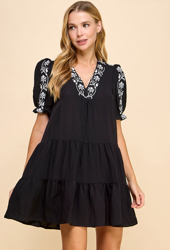 embroidered swing dress Magnolia Place Black Gingham & Red Rose Embroidered Barbara Swing Dress L/12-14