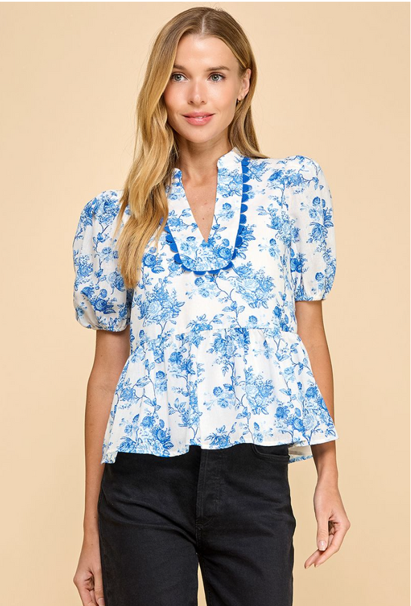 Floral Printed Peplum Top in Pink or Blue