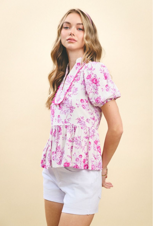 Floral Printed Peplum Top in Pink or Blue