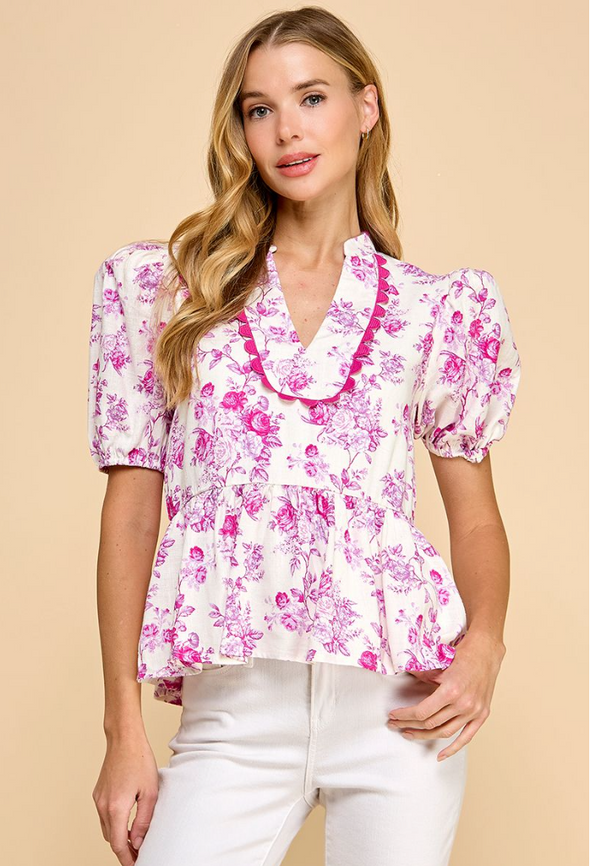 Floral Printed Peplum Top in Pink or Blue