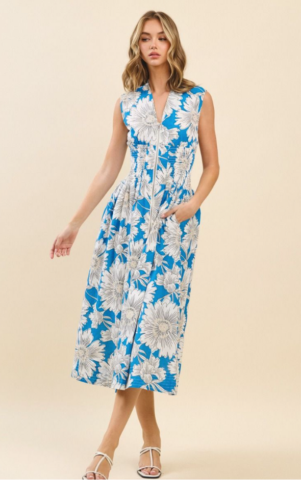 Blue Dahlia Zip-Front Smocked Midi Dress