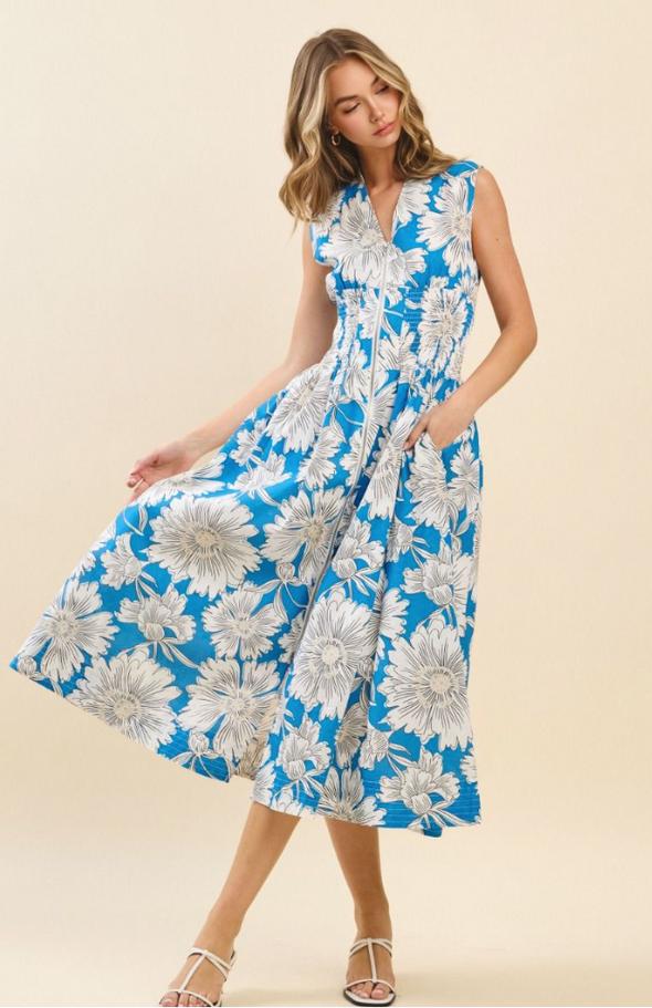 Blue Dahlia Zip-Front Smocked Midi Dress