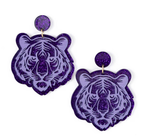Purple Acetate Tiger Head Earrings
