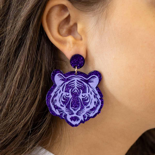 Purple Acetate Tiger Head Earrings
