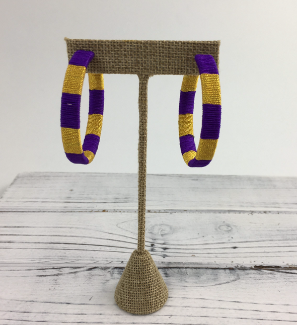 Purple And Gold Threaded Hoop Earrings