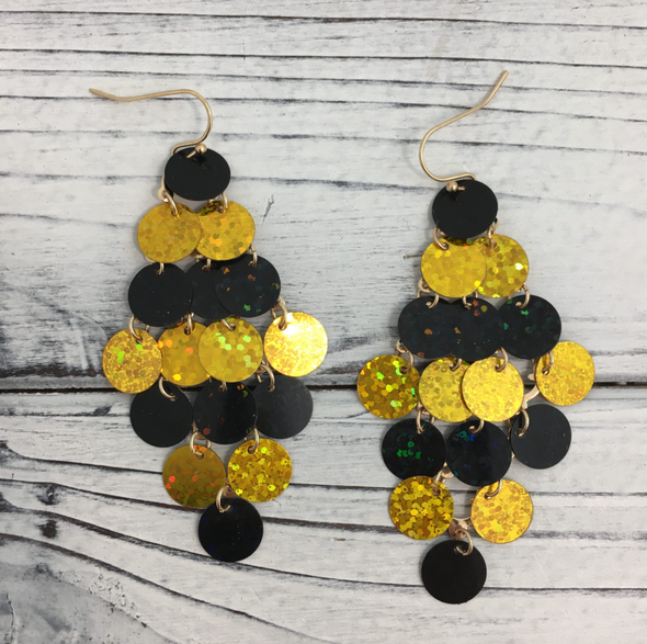 Shimmery Black And Gold Dangle Disc Earrings