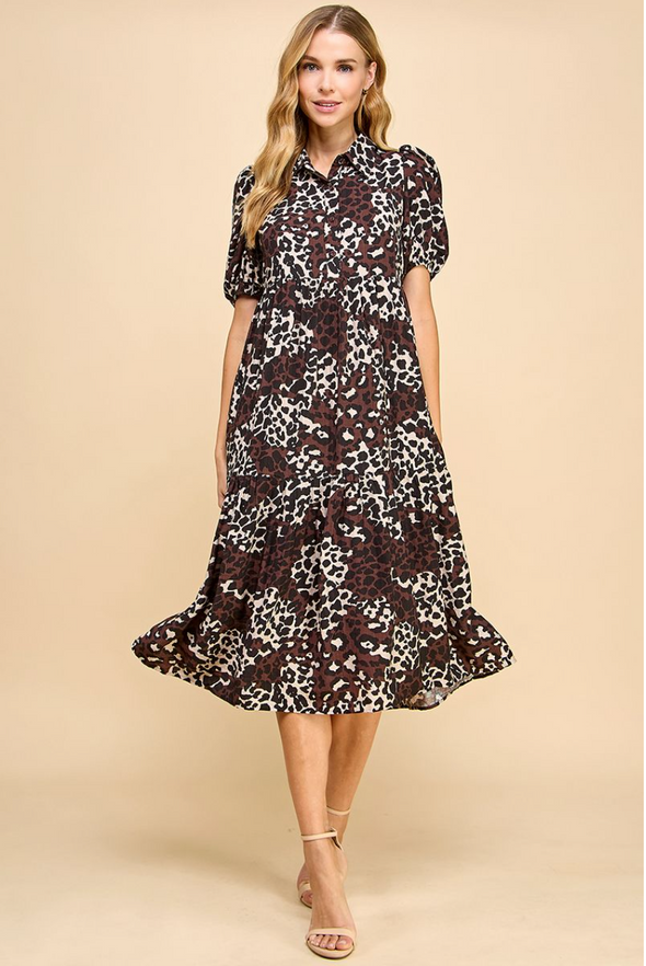 Animal Print Collared Midi Shirt Dress