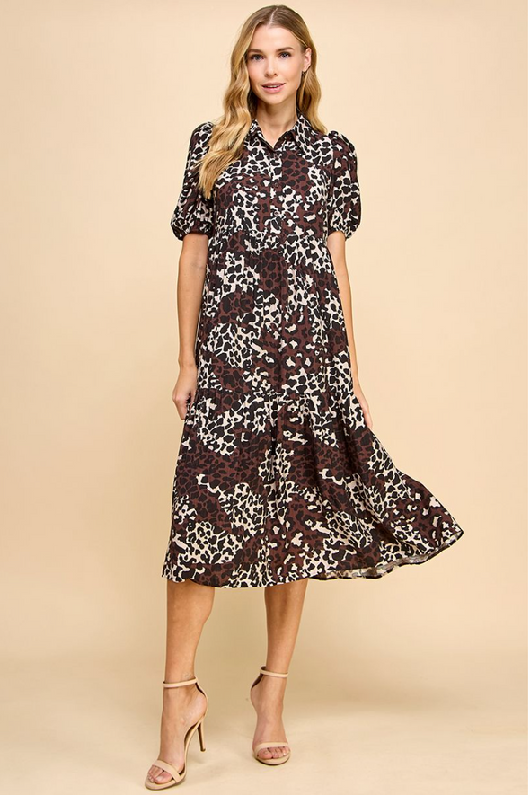 Animal Print Collared Midi Shirt Dress