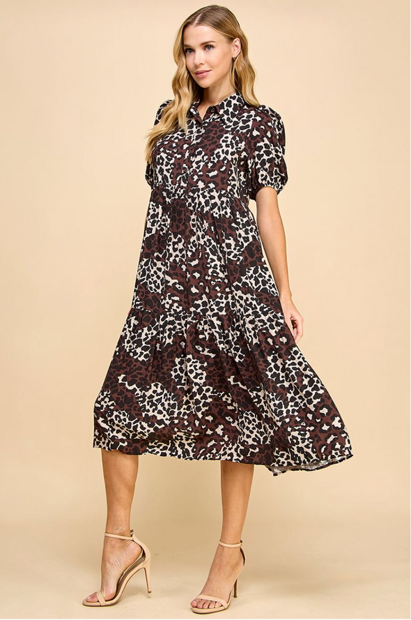 Animal Print Collared Midi Shirt Dress
