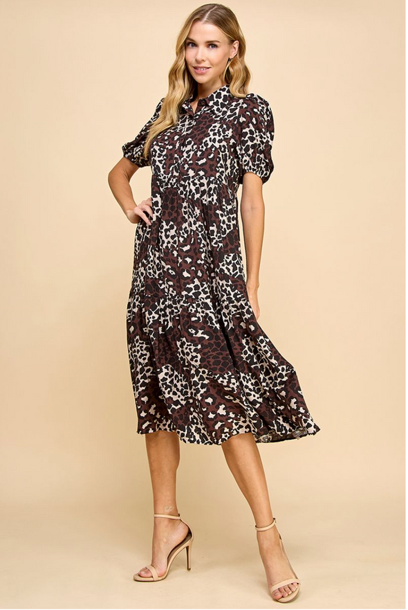 Animal Print Collared Midi Shirt Dress