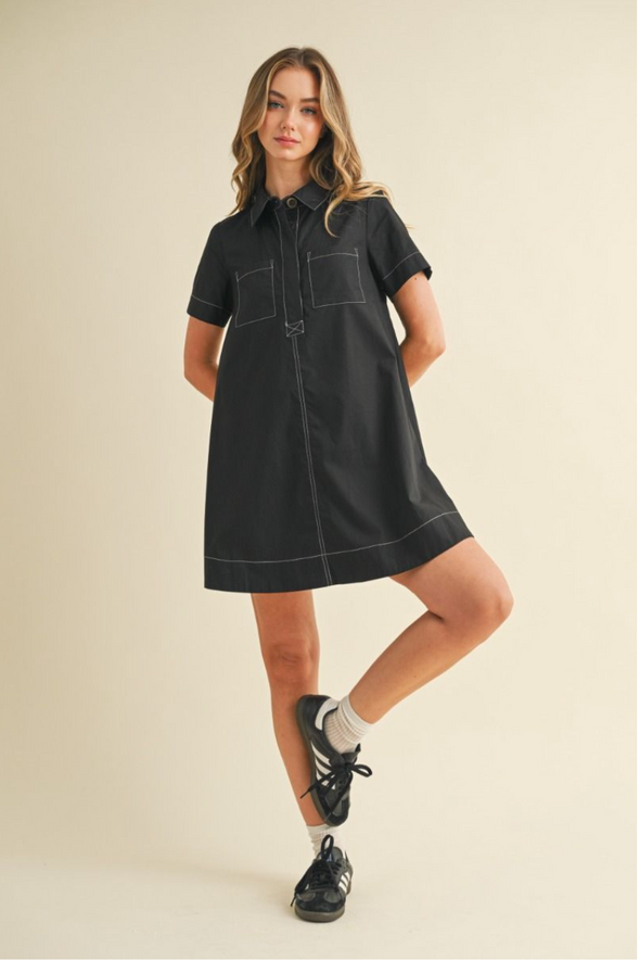 Woven Shirt Dress With Stitch Contrast in 2 Colors