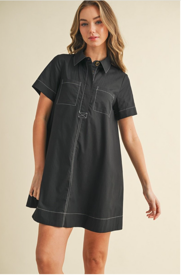 Woven Shirt Dress With Stitch Contrast in 2 Colors