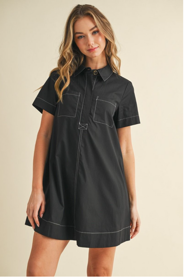 Woven Shirt Dress With Stitch Contrast in 2 Colors