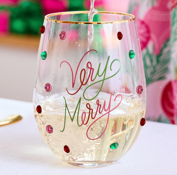 Embellished Very Merry Wine Glass