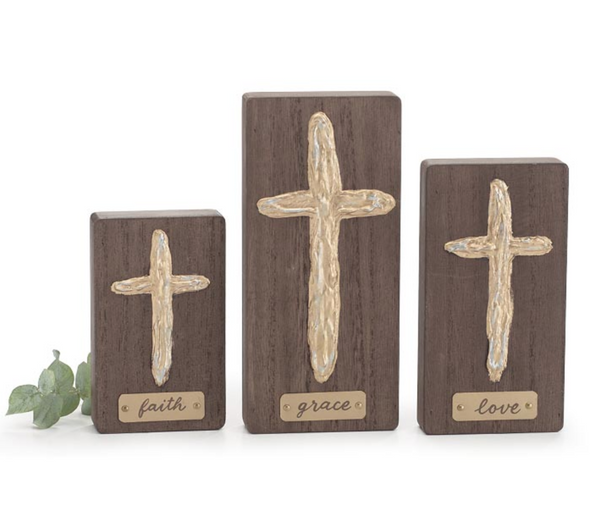 Gold Cross Wooden Shelf Sitters in 3 Options