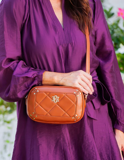 Sloane Studded Crossbody Bag Purse in 3 Colors Camel Black and Metallic Gold