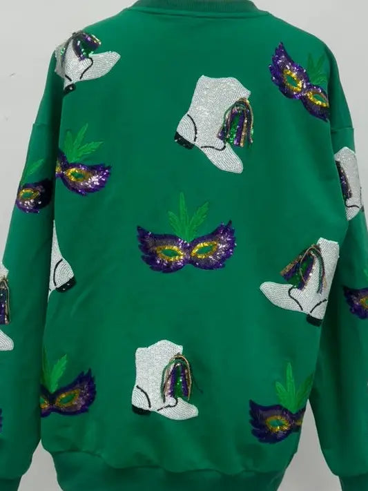 Green Mardi Gras Boots And Masks Sequined Sweatshirt (XS-XXL)