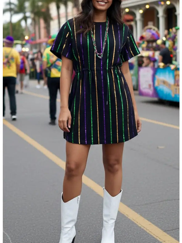 Sequin Stripe Mardi Gras Dress With Pockets (XS-XXL)