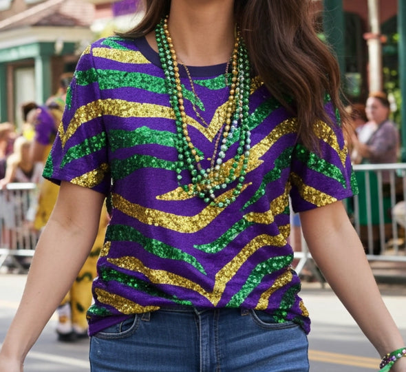 Mardi Gras Sequin Tiger Stripe Shirt in 2 Colors (XS-XXL)