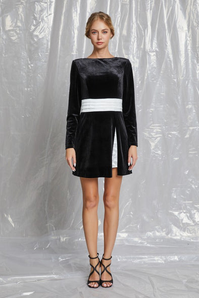 Contrast Bow Detail Pleated Velvet Mini Dress