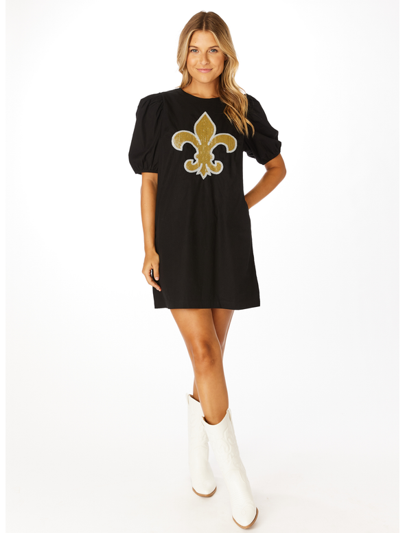 Sequin Fleur De Lis Puff Sleeve Dress