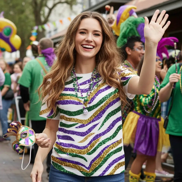 Mardi Gras Sequin Tiger Stripe Shirt in 2 Colors (XS-XXL)