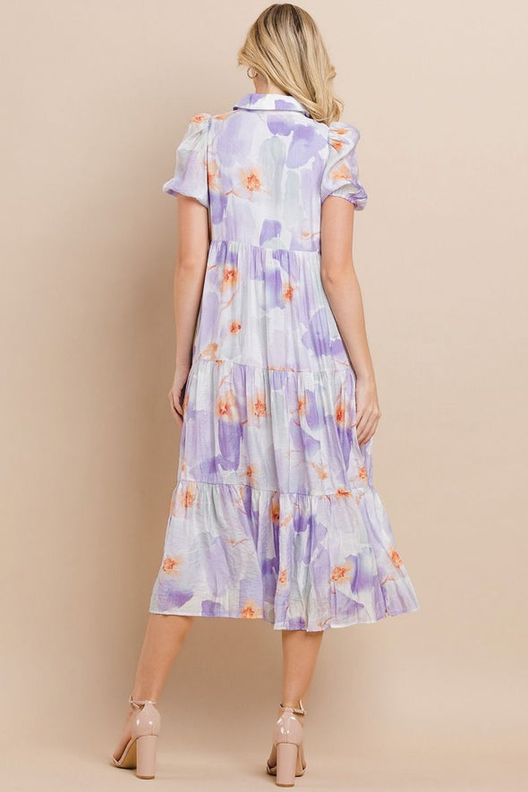 Floral Printed Collared Midi Shirt Dress in Lavender or Orange
