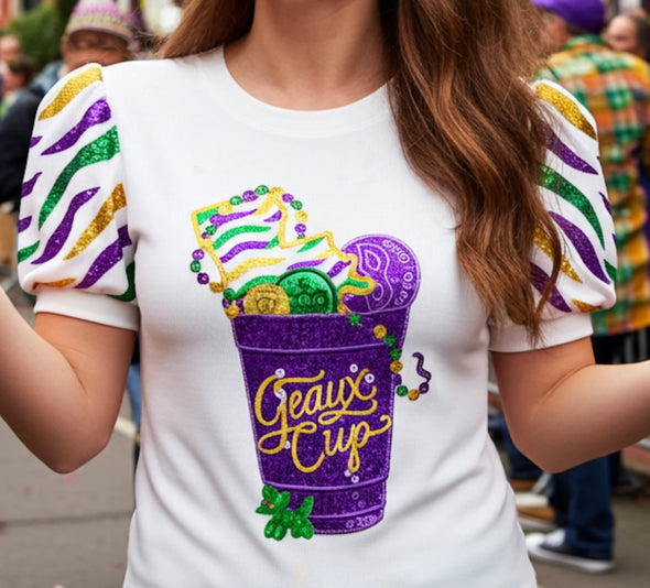 Mardi Gras Sequined Geaux Cup Puff Sleeve Top (XS-XXL)