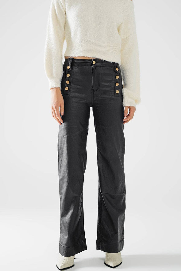 Black Faux Leather Trousers With Button Detail
