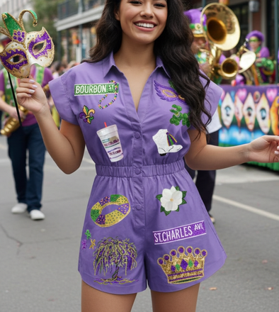 Mardi Gras Sequin Patches Romper (XS-2XL)