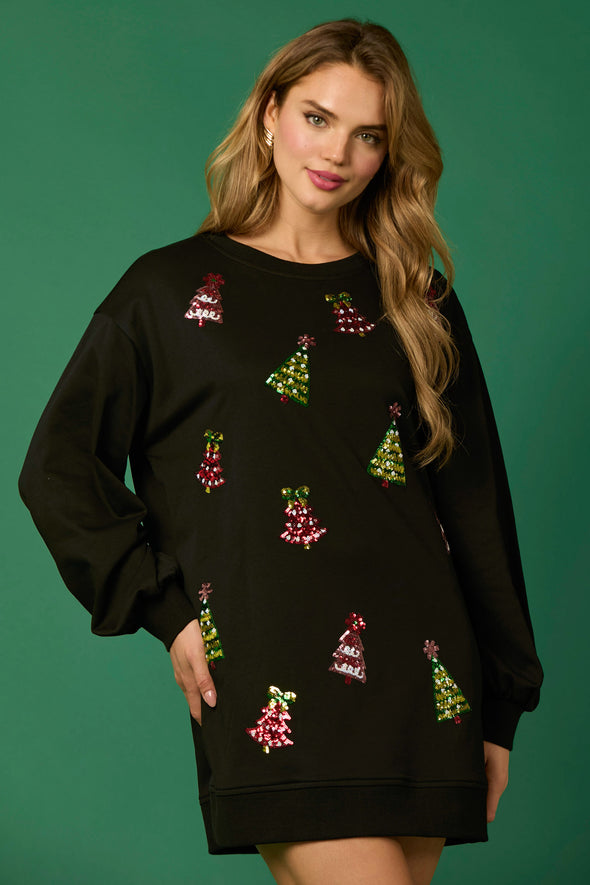 Black Long Sleeve Dress with Sequin Trees