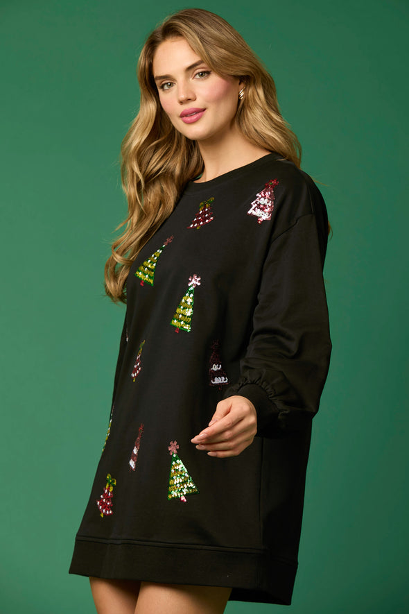 Black Long Sleeve Dress with Sequin Trees