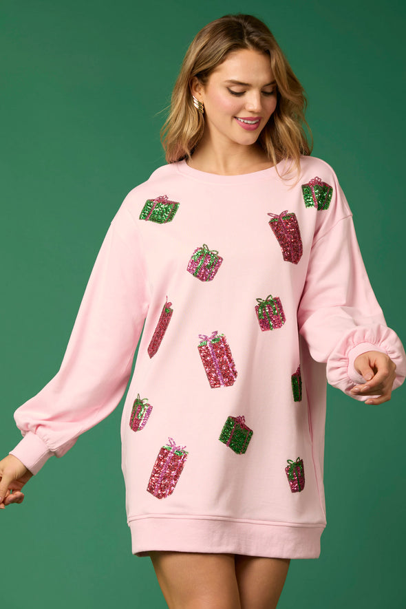 Pink Long Sleeve Dress With Sequin Presents