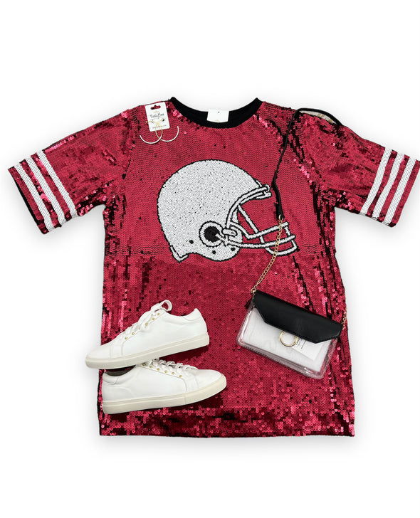 Crimson And White Sequin Dress With Football Helmet