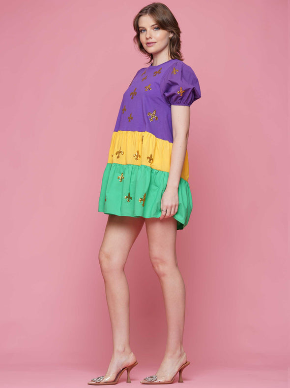 Mardi Gras Sequin Fleur De Lis Baby Doll Dress (S-XXL)