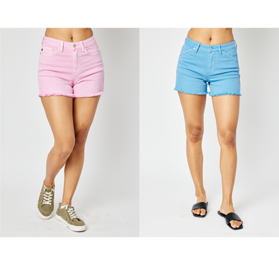 Mid Rise Garment Dyed Fray Hem Shorts In Light Pink or Sky Blue