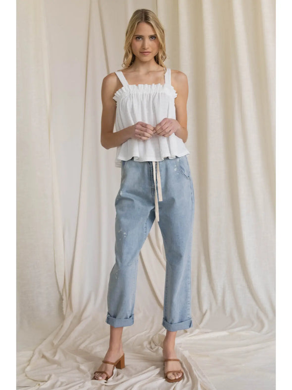 Textured Ruffle Neckline Sleeveless Top in Bubble Gum and Off White