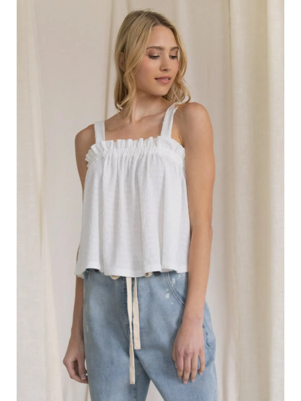 Textured Ruffle Neckline Sleeveless Top in Bubble Gum and Off White