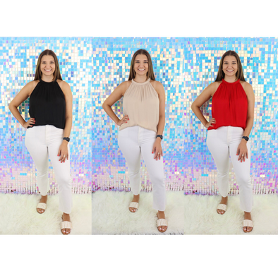 Satin Halter Top With Shirred Trim In 3 Colors
