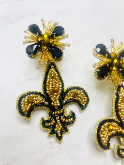 Black & Gold Fleur de Lis Beaded Earrings