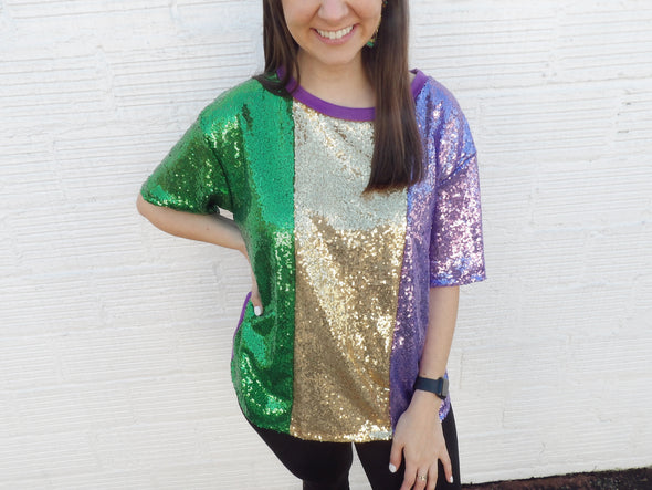 Mardi Gras Sequin Color Block Half Sleeves Top