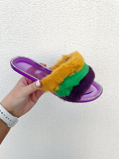Mardi Gras Fuzzy Jelly Slide Slippers