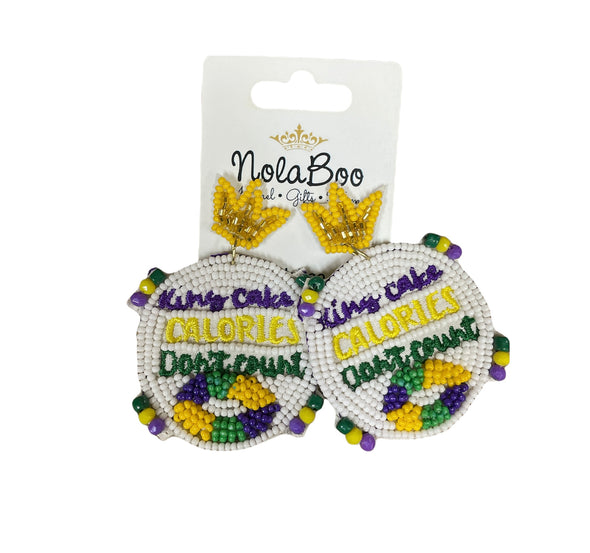 King Cake Calories Don't Count Beaded Earrings