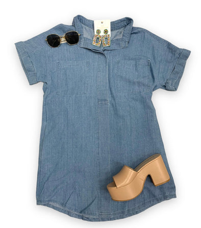 Blue Chambray Button Down Dress With Pockets