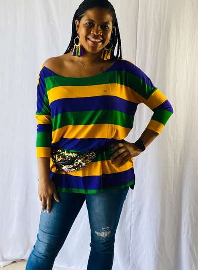 Mardi Gras Off The Shoulder Rugby Striped Top