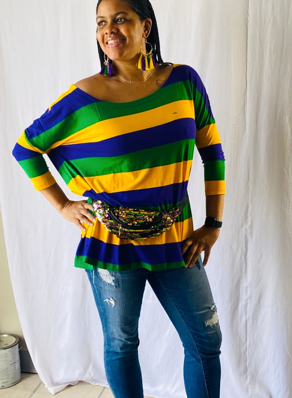 Mardi Gras Off The Shoulder Rugby Striped Top