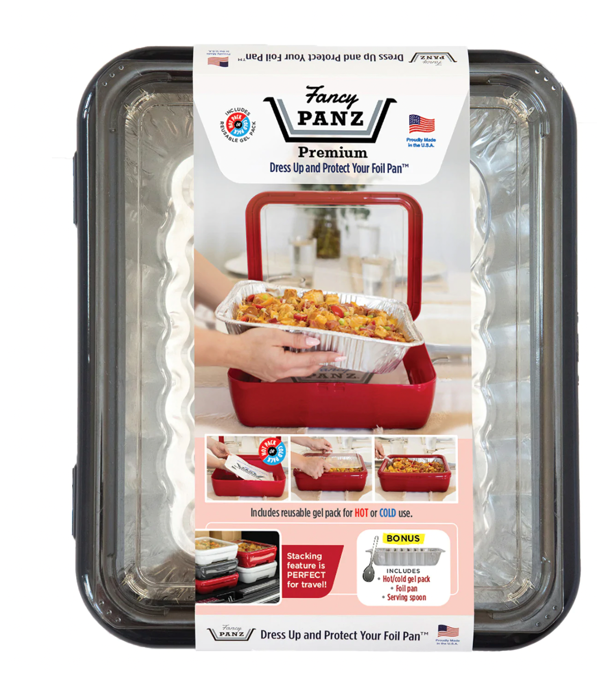 Fancy Panz 2-in-1 Dress Up & Protect Your Foil Pan, Made in USA, Fits 2  size of foil pans. Foil Pan & Serving Spoon Included. Hot or Cold Food.  Stackable for easy