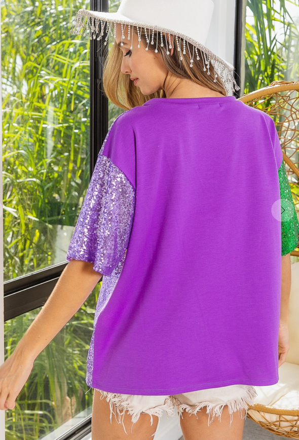 Mardi Gras Sequin Color Block Half Sleeves Top