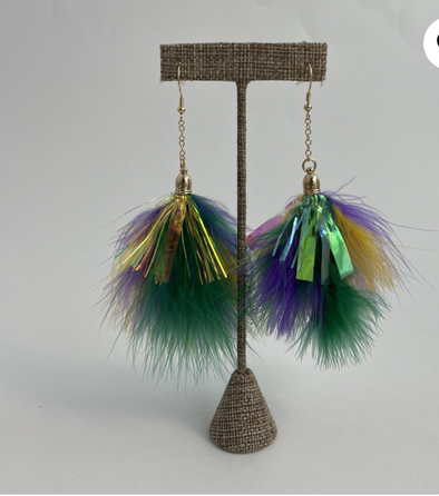 Mardi Gras Feather and Tinsel Earrings