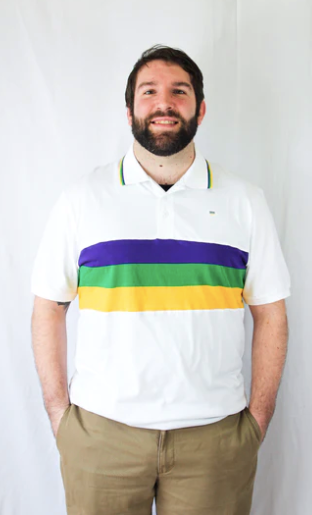 Mardi Gras Adult White Chest Stripe Polo Shirt